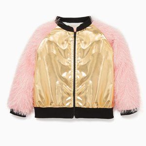 WAUW CAPOW BY BANGBANG Gold & Pink Fluffy-Sleeve Metallic Bomber Jacket